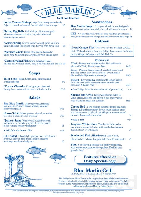 blue seafood and grill menu